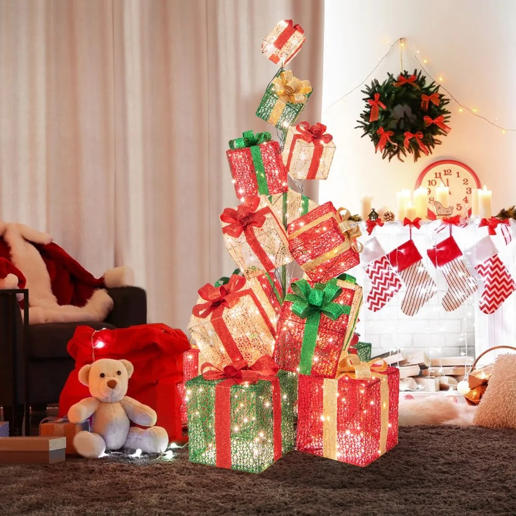 Torre de 170 cm de 15 caixas de presente iluminadas com 450 luzes brancas quentes Base em metal vermelho + azul + dourado
