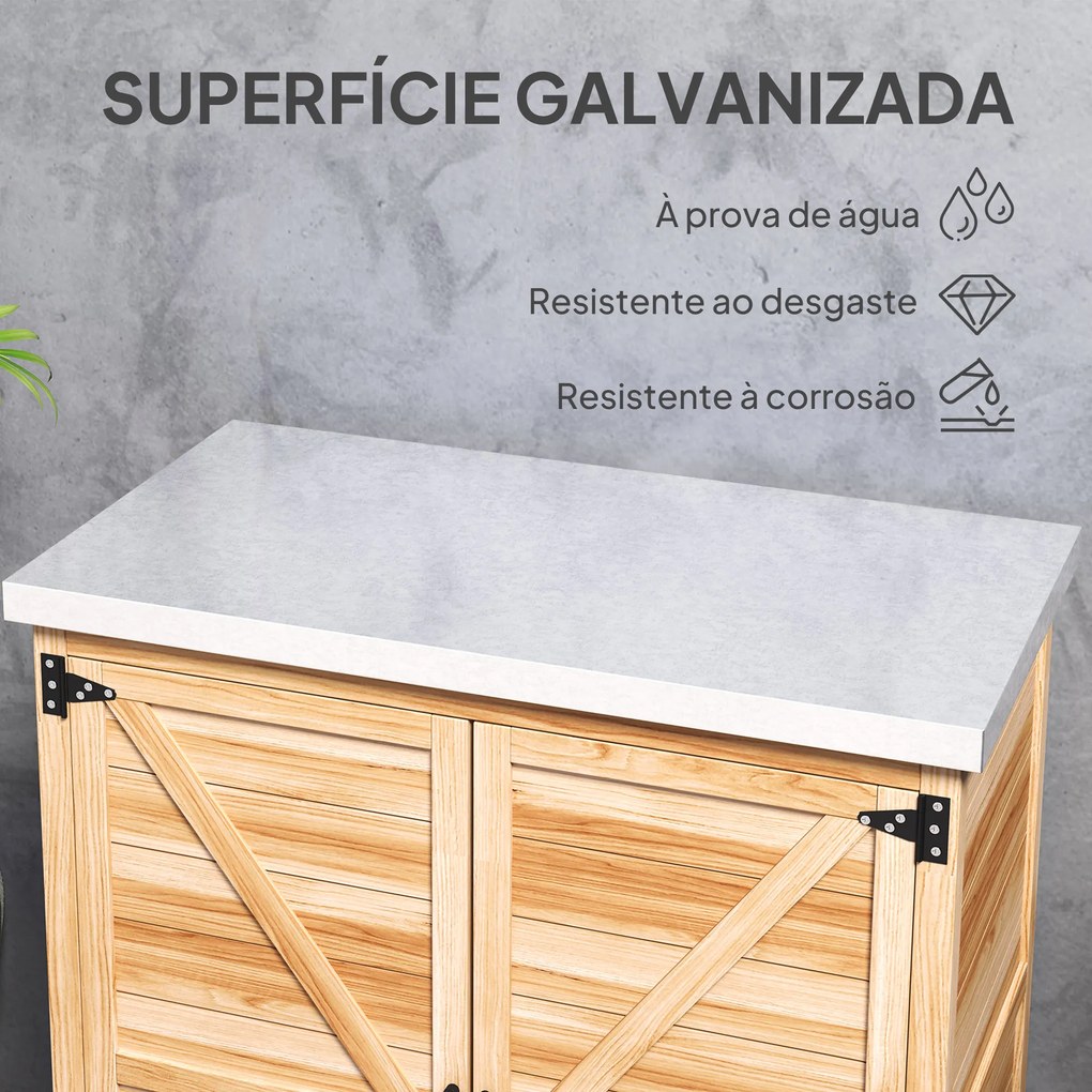 Armário de Exterior em Madeira com Tampo de Aço Galvanizado Prateleira 2 Portas para Armazenamento de Ferramentas 79x43x92 cm Madeira