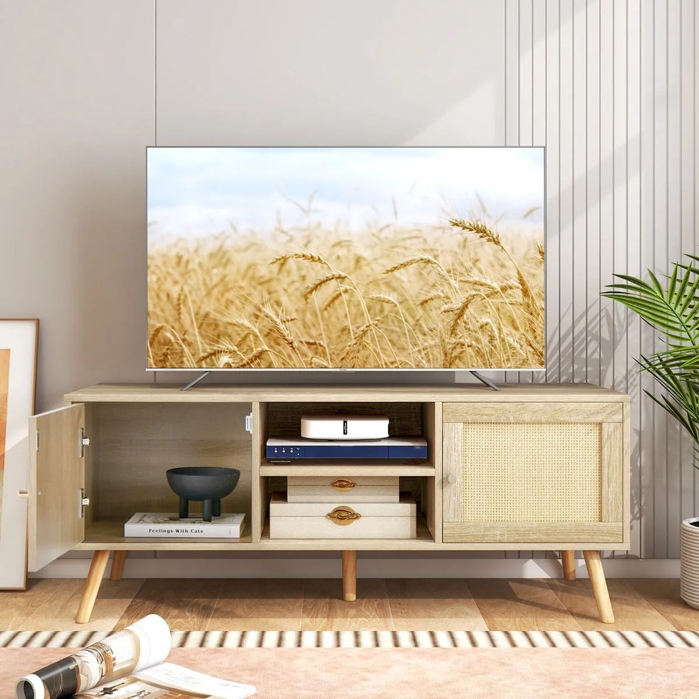 Móvel de TV "Aria" Boho com Portas em Vime PE - 2 Armários e Prateleir
