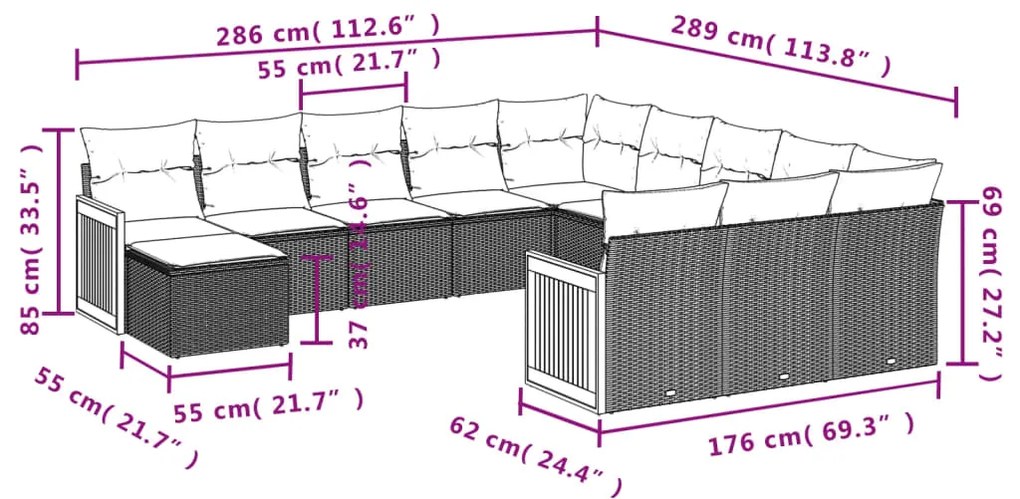12 pcs conjunto de sofás de jardim c/ almofadões vime PE preto