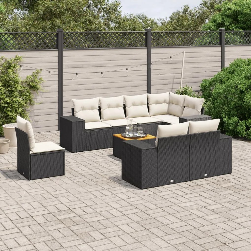 9 pcs conjunto de sofás p/ jardim c/ almofadões vime PE preto