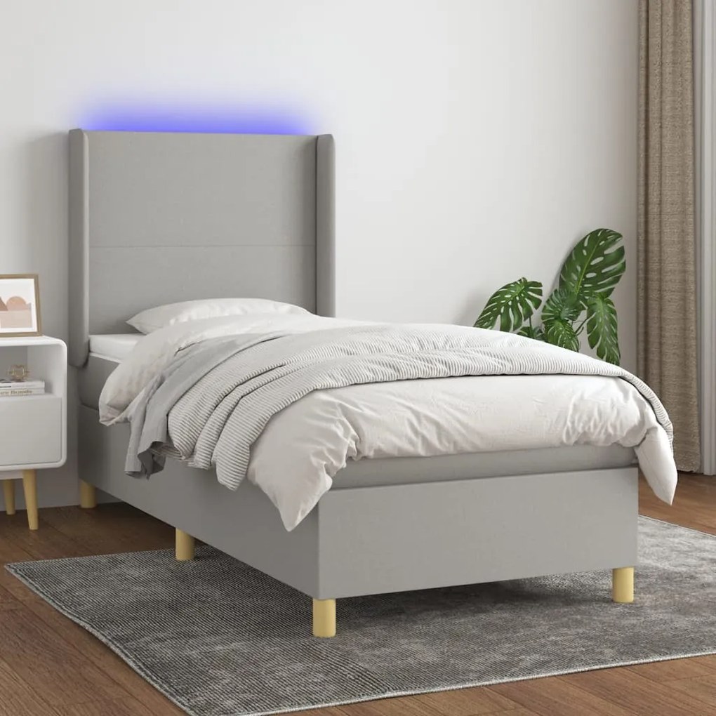 Cama box spring c/ colchão e LED 80x200 cm tecido cinza-claro