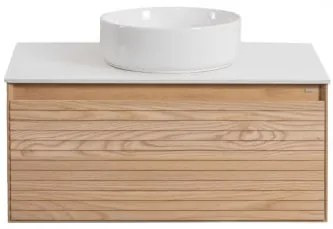 Conjunto De Móveis De Banheiro Em Madeira Tedrik Ash Castanho Fresno & Cerâmica Redonda Branca Ø40 Cm Lenka & Sem Espelho & Sem Torneira - Sklum