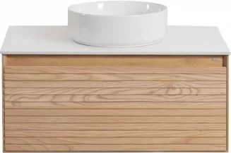 Conjunto De Móvel De Casa De Banho Suspenso Em Madeira De Freixo Tedrik Castanho Fresno & Cerâmica Redonda Branca Ø40 Cm Lenka & Sem - Sklum