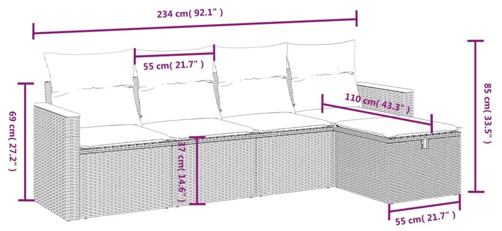 5 pcs conjunto sofás de jardim c/ almofadões vime PE cinzento