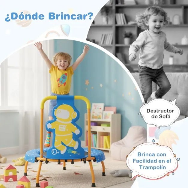 Mini trampolim Astronauta para crianças com alça acolchoada e capa de segurança em lona sem buracos para uso interno, de 3 a 6 anos Azul