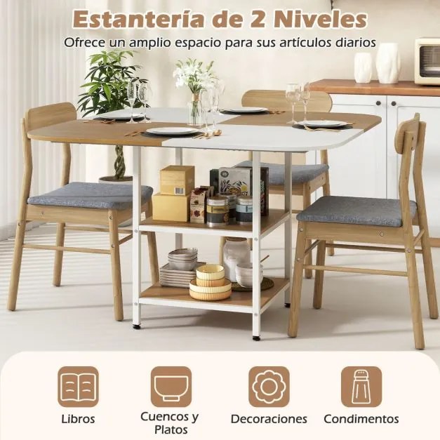 Mesa de jantar moderna quadrada 120 x 120 x 77 cm com tampo multicolorido e prateleira de 2 níveis, pernas ajustáveis em café e branco