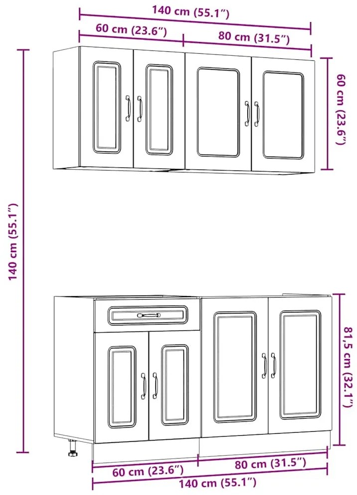 4 peças armário de cozinha conjunto Kalmar concreto cinza