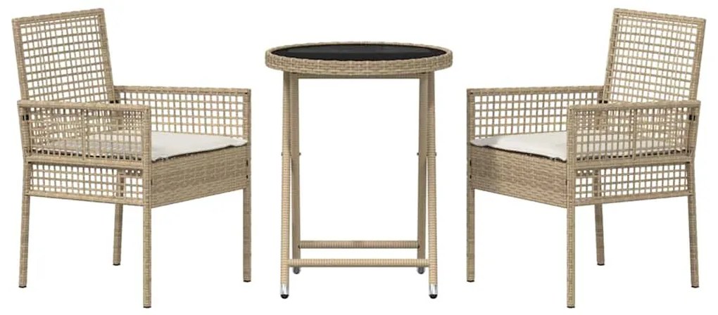 Conjunto de Bistro de Jardim 3 Peças com Almofadas Bege em Rattan Poli