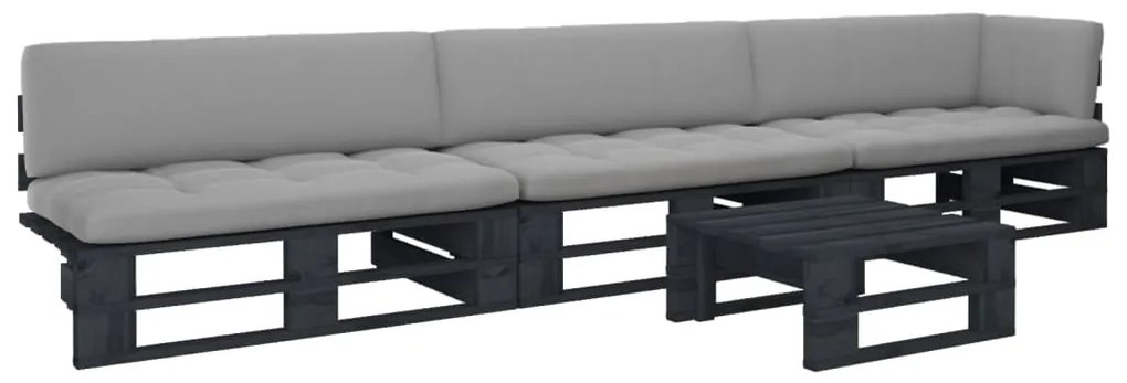vidaXL 4 pcs conj. lounge paletes c/ almofadões pinho impregnado preto