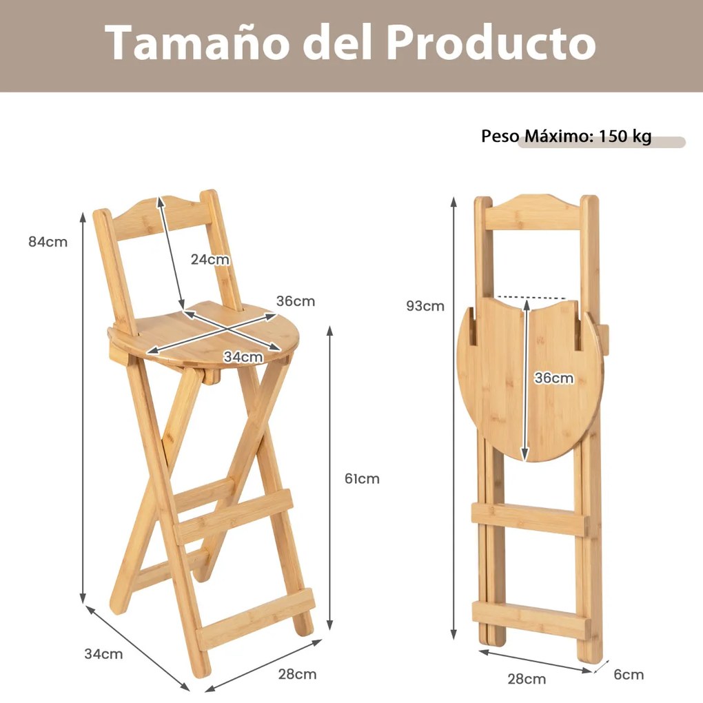 Conjunto de 2 bancos duplos de bambu com baixo custo, alças para apoio para os pés, cadeira de jantar para café bistrô, carga 150kg, 36 x 34 x 84 cm,