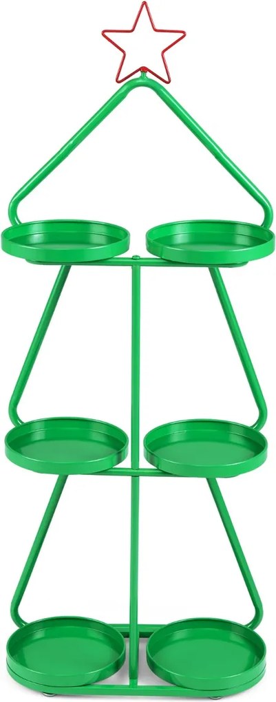 Suporte para plantas em forma arvore Natal 44 x 22,5 x 109,5 de 3 níveis em forma de árvore Estrela vermelha superior e estrutura metálica verde