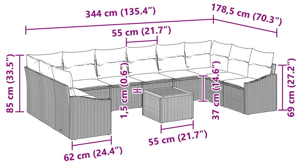 Conjunto de Sofás de Jardim de 11 Peças com Almofadas Cinza Rattan Sin