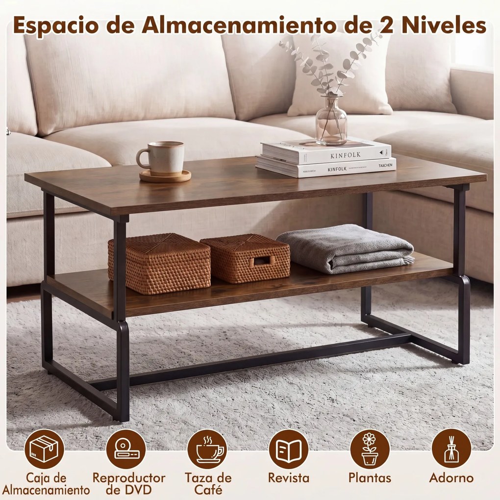 Mesa de Centro Industrial, 85 x 60 x 47 cm, Estante Inferior de Armazenamento, Castanho rústico + Preto