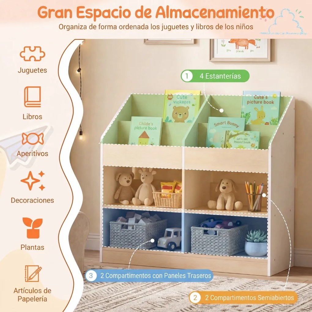 Estante infantil com 4 cubos verticais e 4 compartimentos 80 x 29,5 x 80 cm para expor livros e organizar brinquedos, Branco + Natural