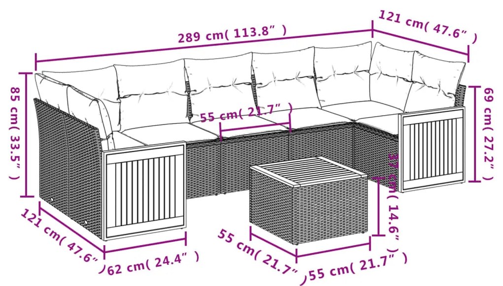 8 pcs conjunto de sofás p/ jardim com almofadões vime PE bege