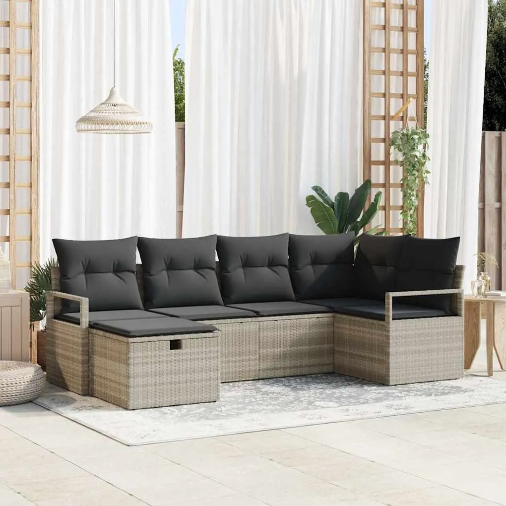 Conjunto de Sofás de Jardim 6 Peças com Almofadas Cinzento-claro Vime
