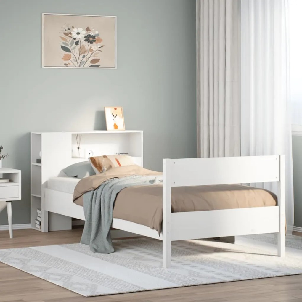 vidaXL Cama com estante sem colchão 100x200 cm pinho maciço branco