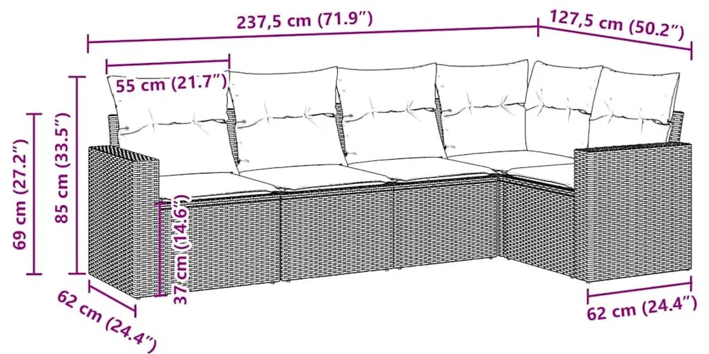 5 pcs conjunto sofás p/ jardim c/ almofadões vime PE castanho