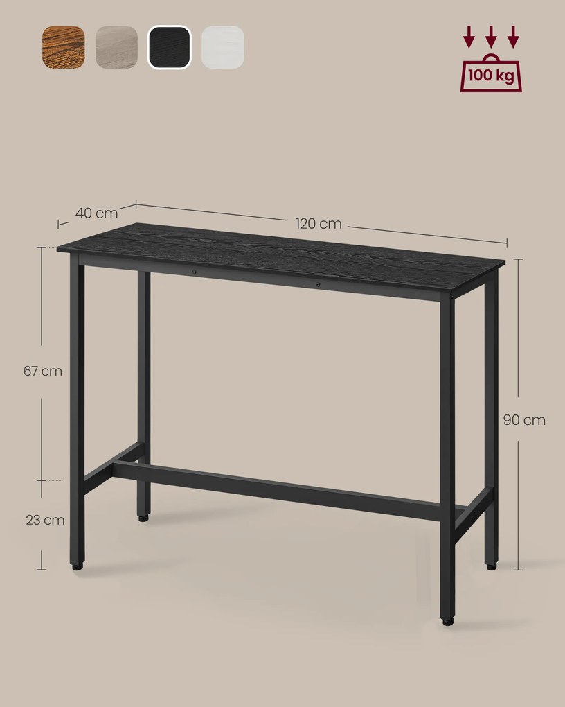 Mesa de bar retangular de design industrial 120x40x90cm preta