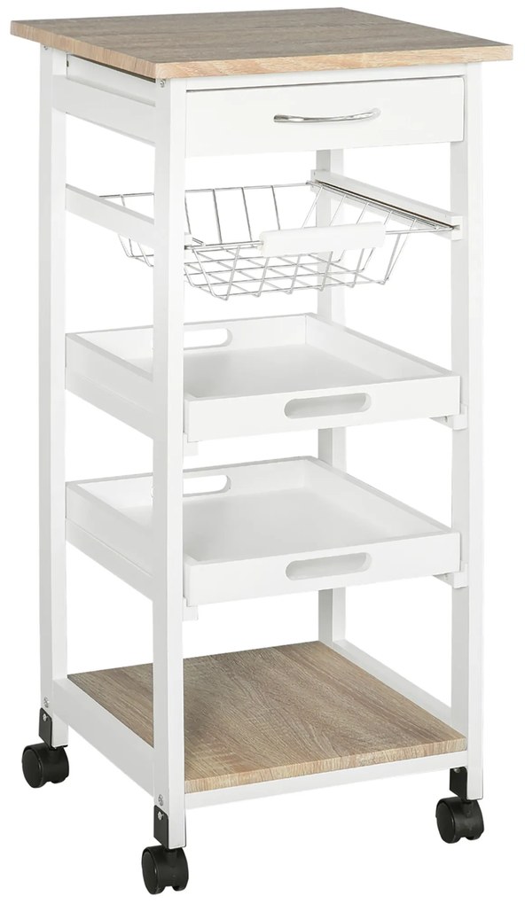 HOMCOM Carrinho de Cozinha Salvaespaço Madeira de Pinho e MDF Carrinho Organizador Gaveta Cesto 2 Bandejas e Rodas 37x37x82 cm Branco | Aosom Portugal