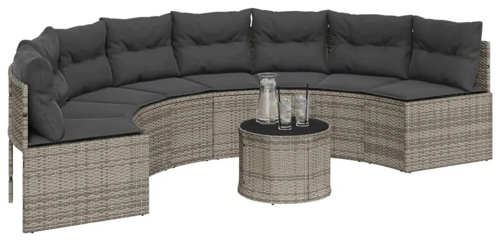 Sofá de jardim com almofadões semicircular vime PE cinzento