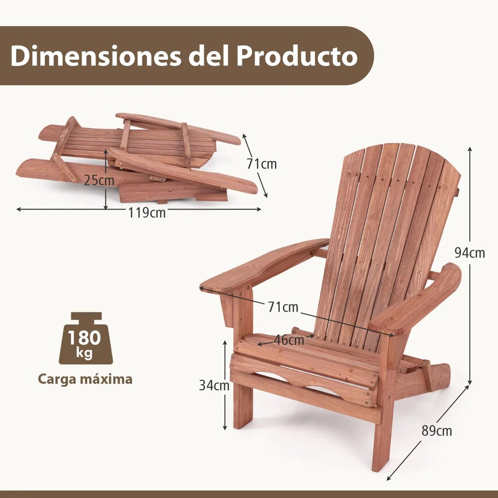 Cadeira Adirondack dobrável de madeira com encosto e apoios de braços Carga 180 Kg exterior  Pátio relvado Castanho