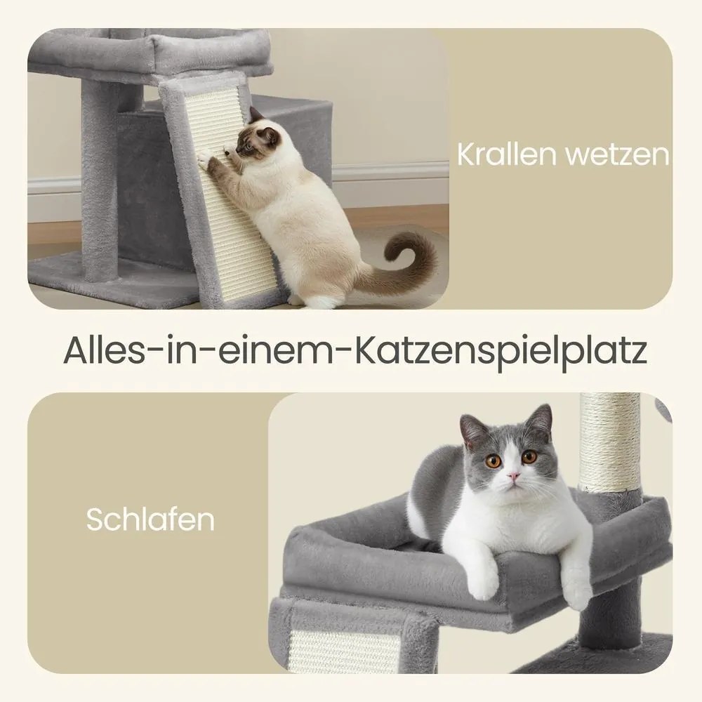 Arranhador para gatos com caverna 92,5 x 58,9 x 85,8 cm, árvore para gatos com rampa e cesto, 2 plataformas grandes cinzento claro