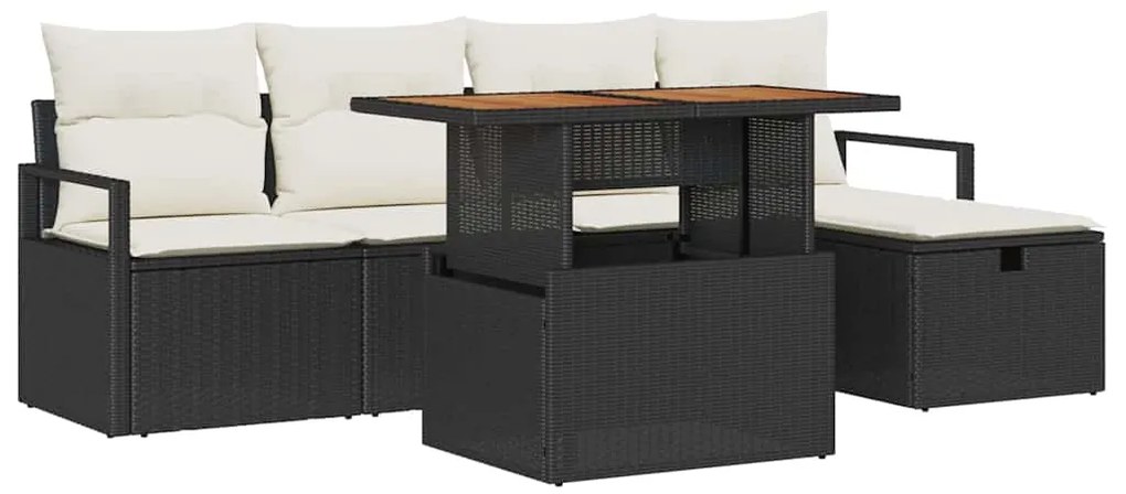 Conjunto de Sofá de Jardim com 6 Peças e Almofadas Pretas em Poly Ratt