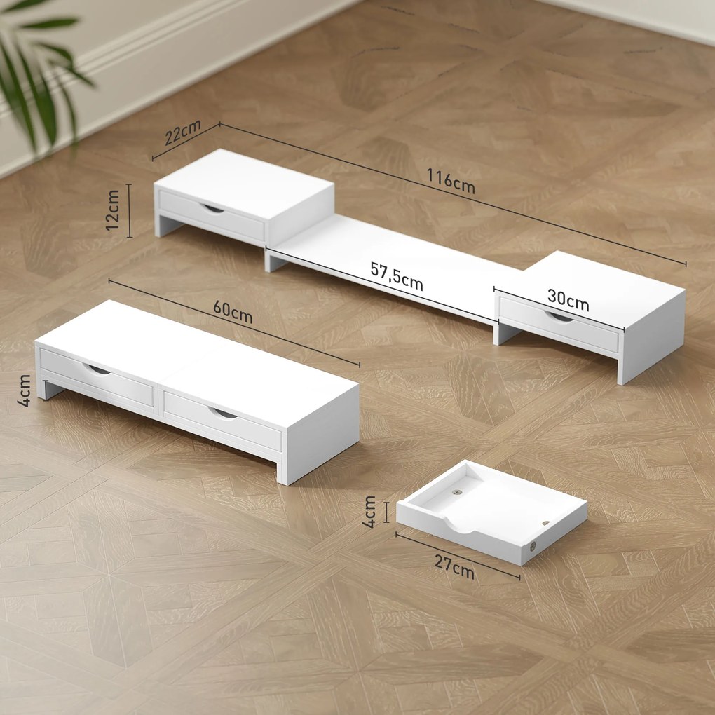 Suporte elevatório para monitor de computador de secretária, 60-116 C x 22 L x 12 A cm, com 2 gavetas, comprimento e ângulo ajustáveis branco