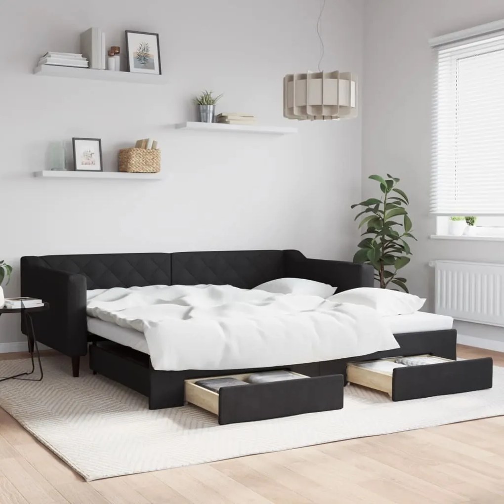 vidaXL Sofá-cama com gavetão e gavetas 100x200 cm tecido preto