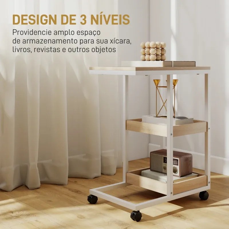 Mesa Auxiliar em Forma de C com Rodas Prateleiras Abertas e Estrutura em Aço para Sala ou Quarto 51x33x66 cm Madeira e Branco