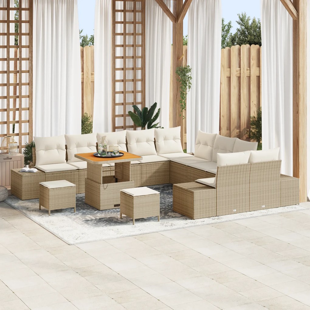 vidaXL Conjunto de Sofá de Jardim de 13 Peças com Almofadas Bege Poli Rattan Acácia