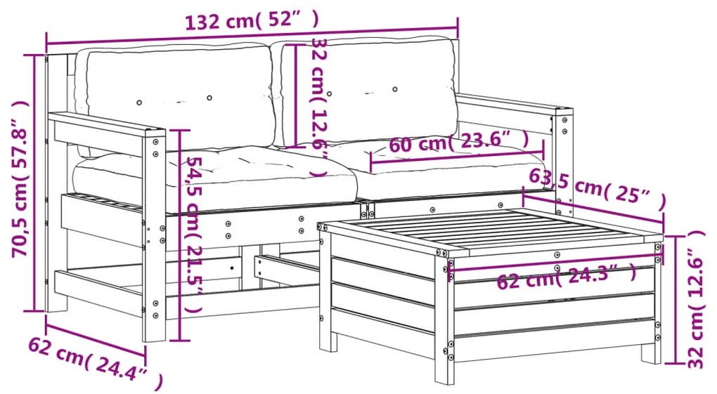 3 pcs conjunto lounge de jardim c/ almofadões pinho impregnado