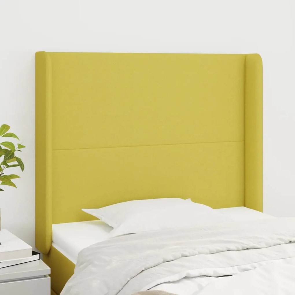 vidaXL Cabeceira de cama c/ abas tecido 83x16x118/128 cm verde