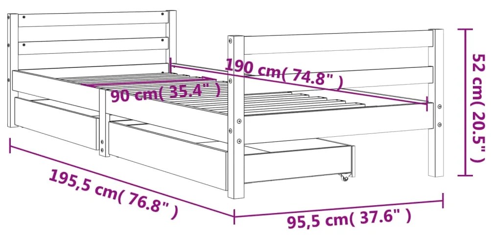 Estrutura cama infantil c/ gavetas 90x190cm pinho maciço branco