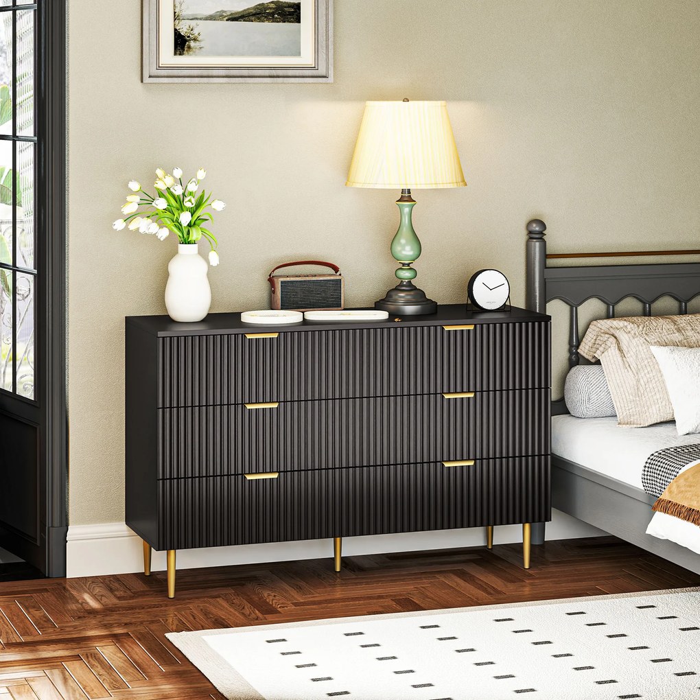 Cómoda de 6 gavetas, móvel de arrumação moderno para quarto com puxadores e pés dourados, 120 x 40 x 76,5 cm, preto