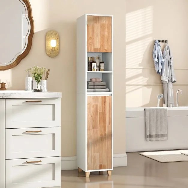 Armário para roupa suja para casa de banho 32 x 31 x 170,5 cm com portas em madeira de borracha Estante de 3 níveis e cesto para roupa suja Branco + N