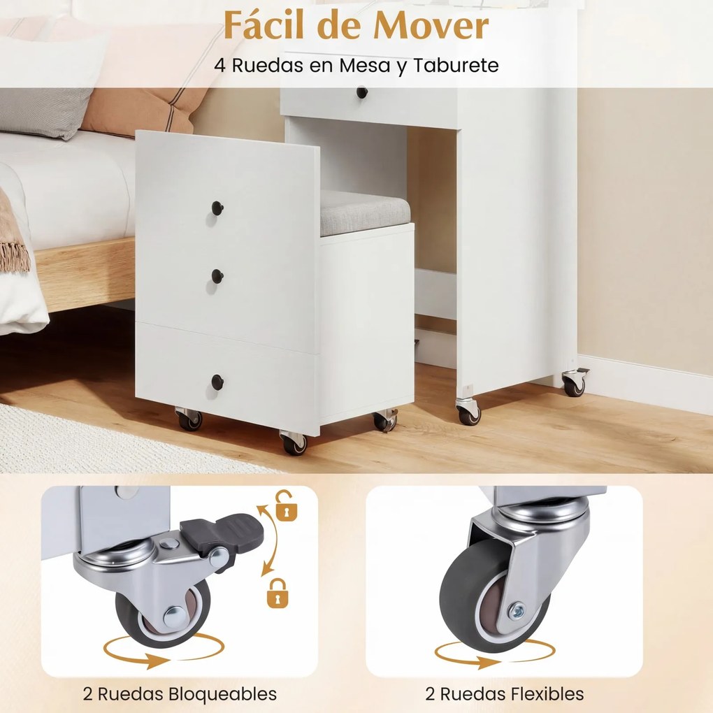 Toucador 3 em 1, 50,5 x 40,5 x 85 cm: Espelho com luzes, dobrável, mesa de maquilhagem, gavetas, banco, arrumação, rodas, ideal para espaços pequenos