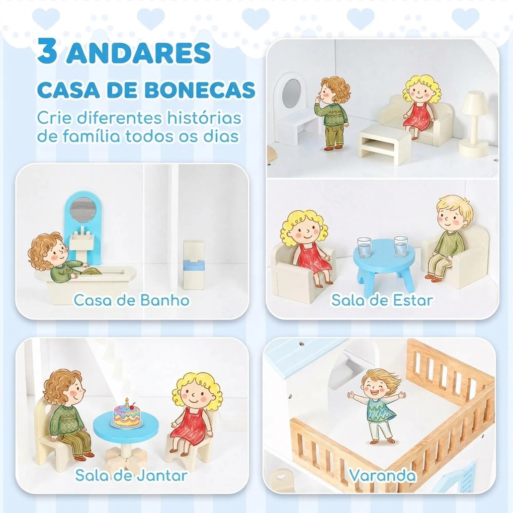 Casa de Bonecas de Madeira com 3 Pisos, Elevador e Varanda, 5 Divisões e 13 Móveis, para Crianças dos 3 aos 6 Anos, Azul