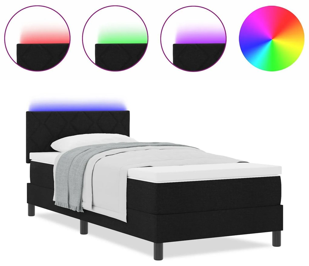 Cama Box Spring com Colchão & LED Preto 90x200 cm Tecido