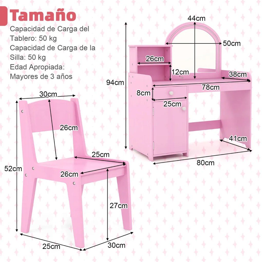 Conjunto de Toucador e Cadeira para Crianças a partir dos 3 anos com Estantes Armário com Gavetas 2 Cores Luzes LED Espelho em Acrílico Rosa