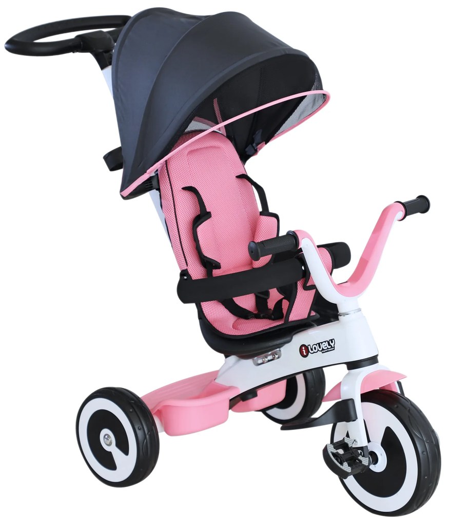 HOMCOM triciclo bebê 4 em 1 s para crianças +18 meses Evolutivo capuz Barra Destacável Controle Parental Brinquedo de aprendizagem Rosa