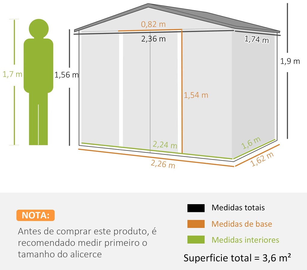 Abrigo de Jardim de 3,6 m² 236x174x190 cm para Armazenamento de Ferramentas com Portas de Correr e 4 Janelas de Ventilação Cinza