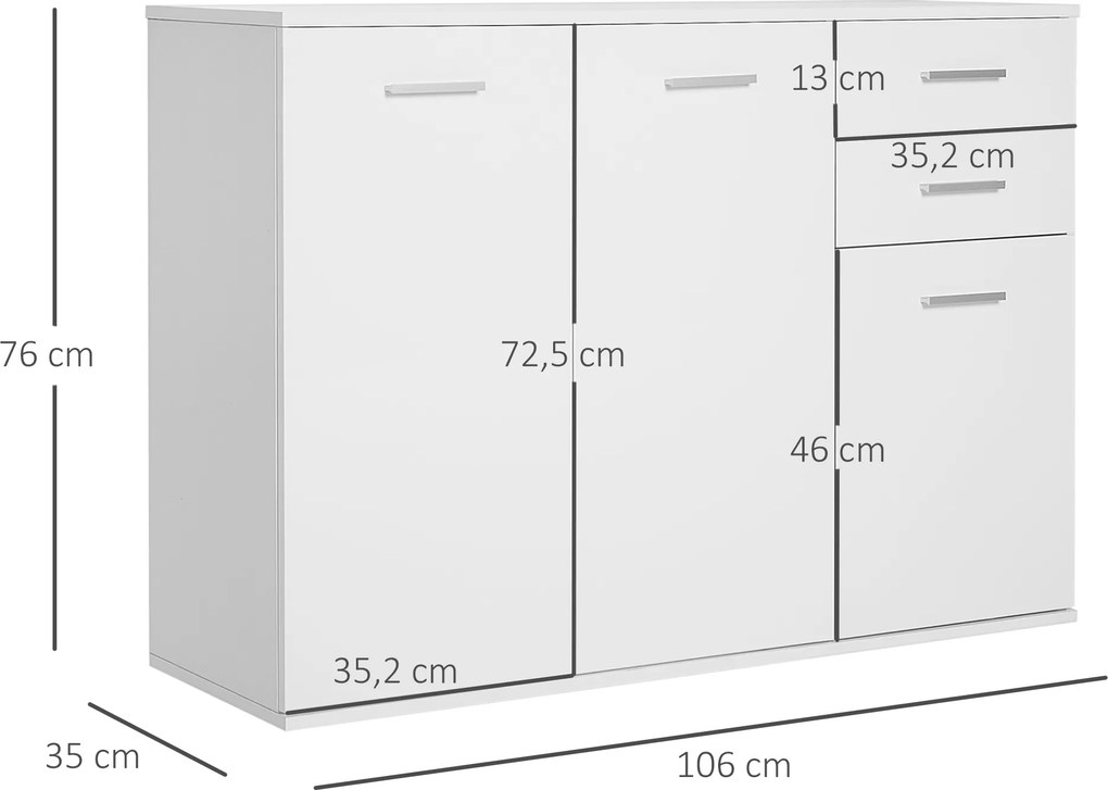 Armário Aparador amplo espaço de Armazenamento para sala de jantar com portas e gavetas 106x35x76cm Branco