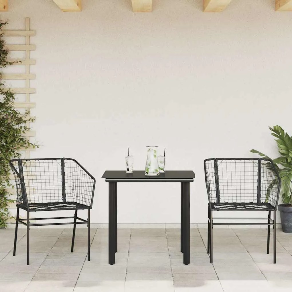 3 pcs conjunto de jantar para jardim vime PE vidro preto