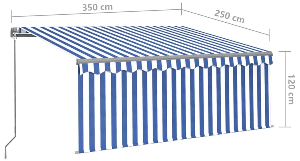 Toldo retrátil manual com estore/LED 3,5x2,5 m azul e branco