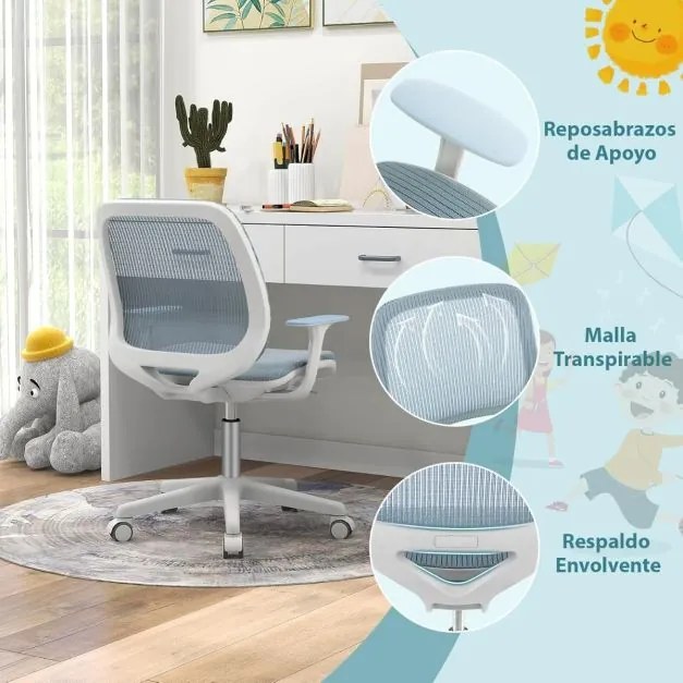 Cadeira giratória de escritório 360° para crianças de 6 a 15 anos Altura ajustável 43-55 cm Rodas com travão Malha respirável Azul