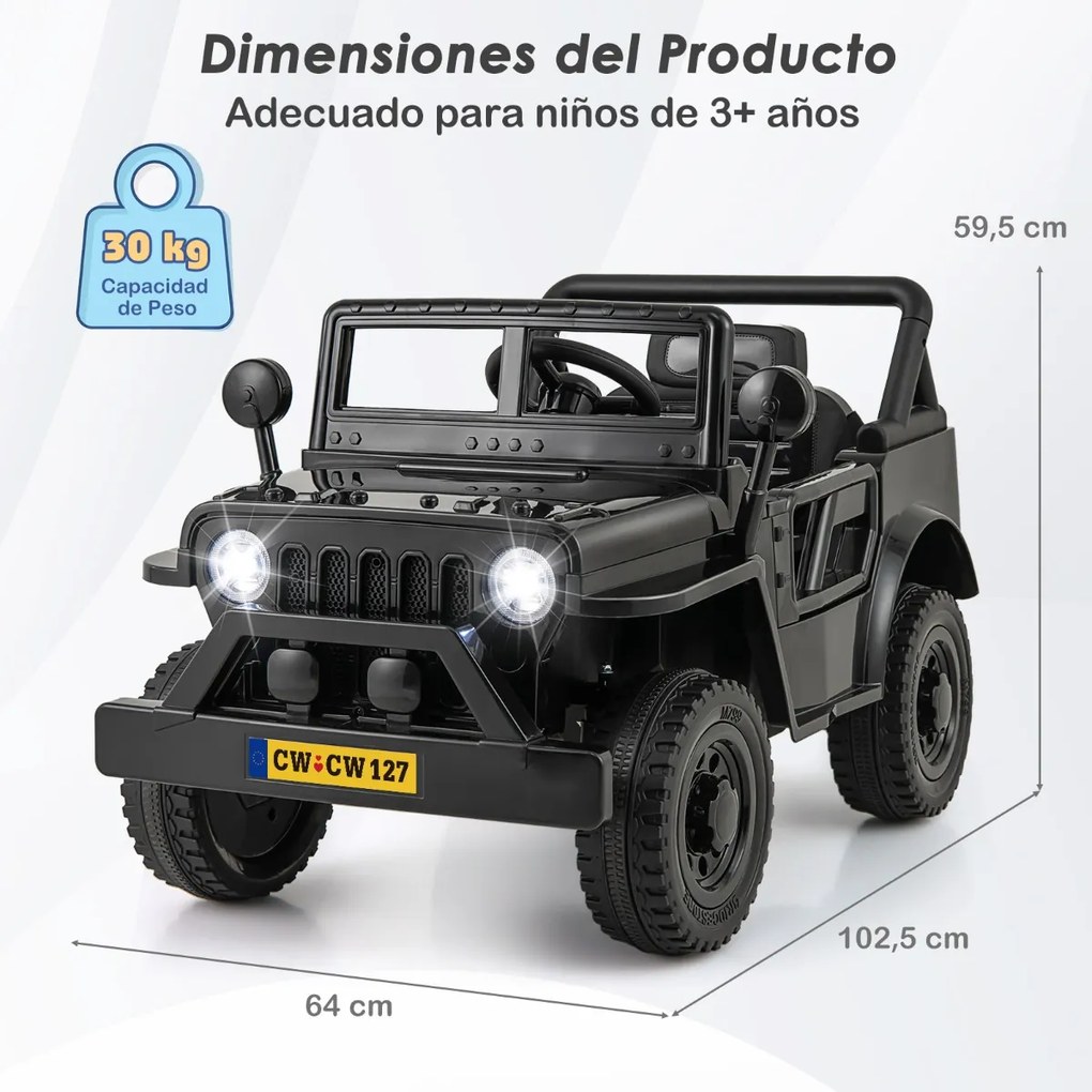 Carro Elétrico para Crianças 12V Jipe com Controlo Remoto 3 Velocidades Luzes LED Música Buzina Preto