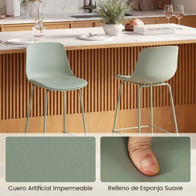 Conjunto de 4 bancos de bar com encosto acolchoado, apoio para os pés e pernas de metal verde